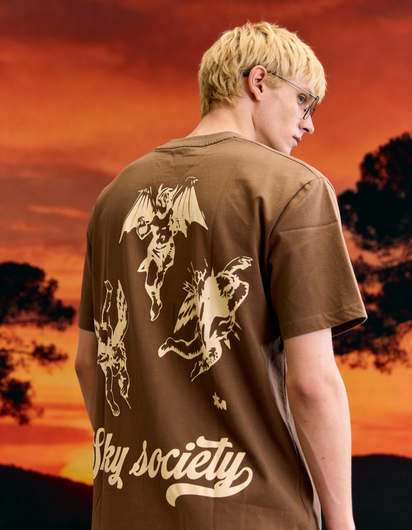 Sky Society Printed Oversized Brown T-Shirt