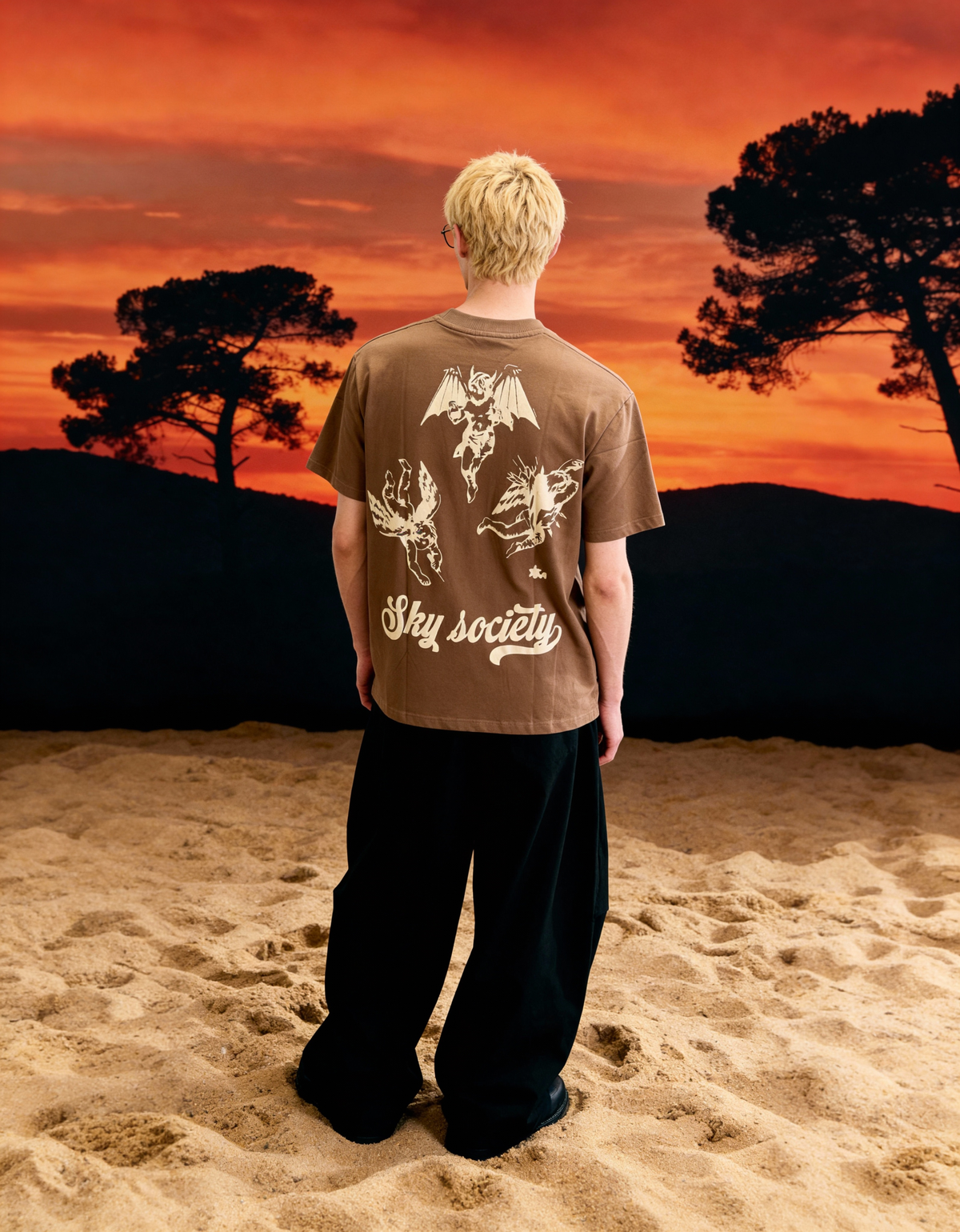 Sky Society Printed Oversized Brown T-Shirt Main Character