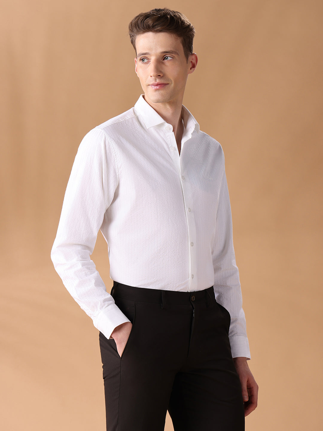 White Regular Fit Stripes Formal Shirt for Men (LEANA)