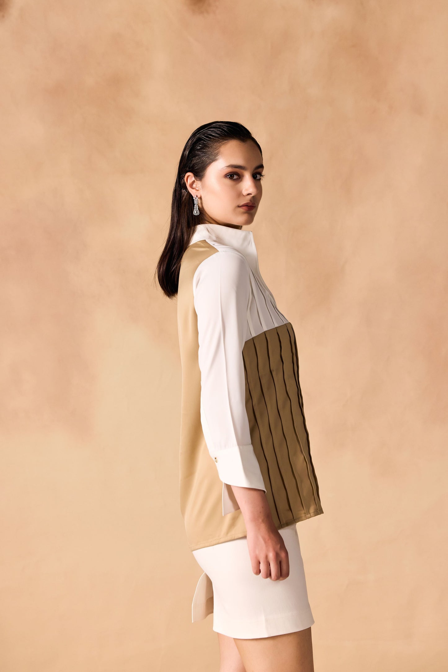 Two Tone Pintuck Pleated Button-up Satin Shirt