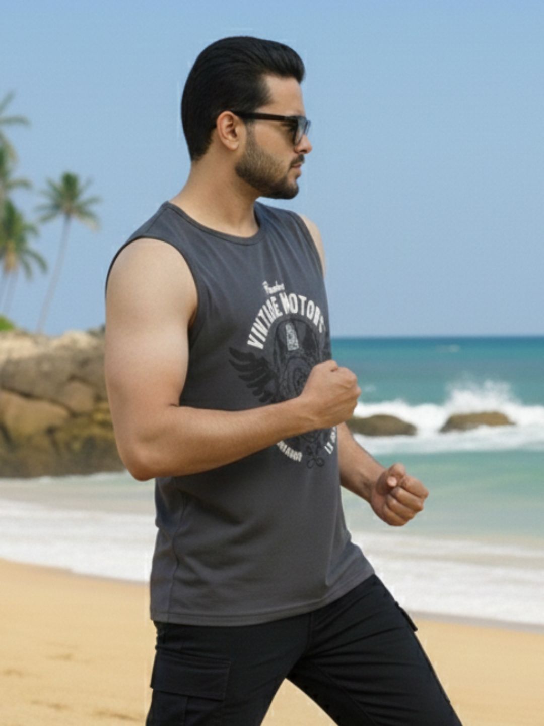 Plus Size Printed Round Neck Cotton Dark Grey and Army Green Sleeveless Gym Vest T-Shirt-Pack of 2