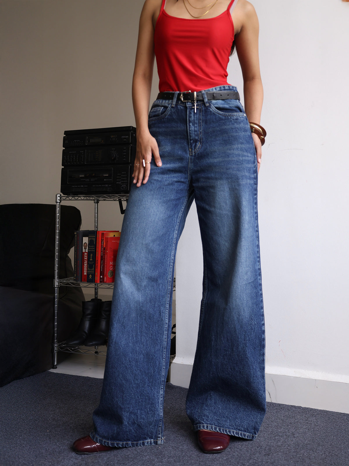 Dark Slate Blue Washed Super Wide Leg Jeans