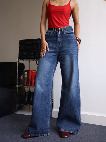 Dark Slate Blue Washed Super Wide Leg Jeans