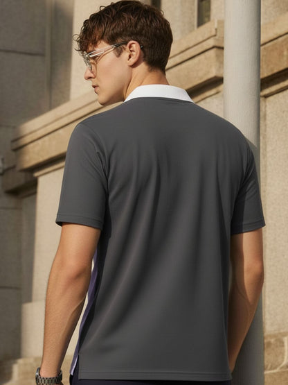 Colourblock Light Purple Polo Collar Half Sleeve Cotton T-Shirt
