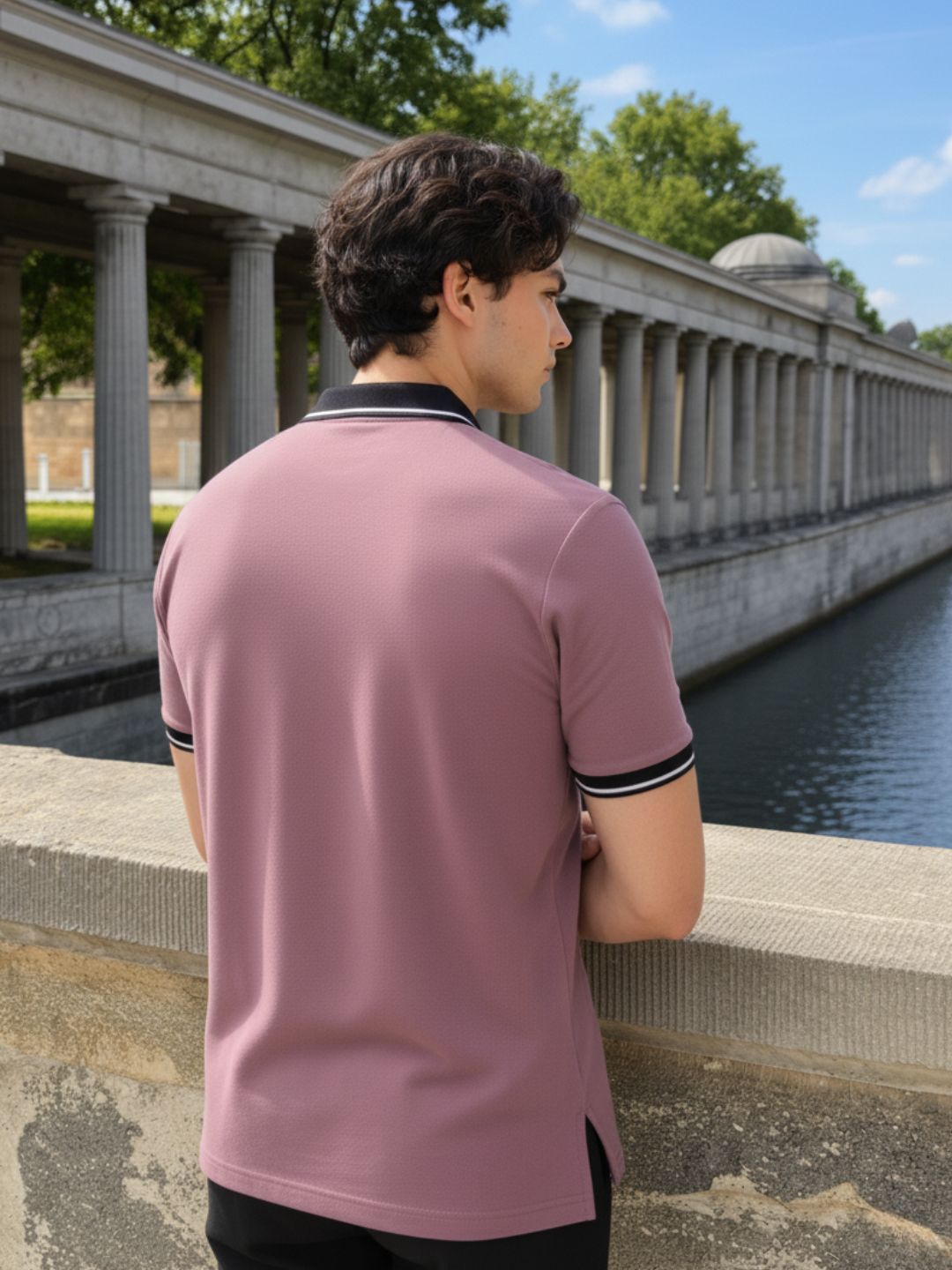 Men Solid Mauve Tipping Collar Regular Fit Half Sleeve Cotton T-Shirt