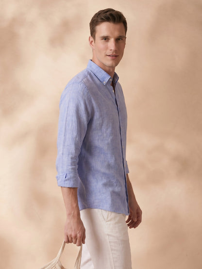 Regular Fit Blue Linen Solid Casual Shirt for Men(LARIA)