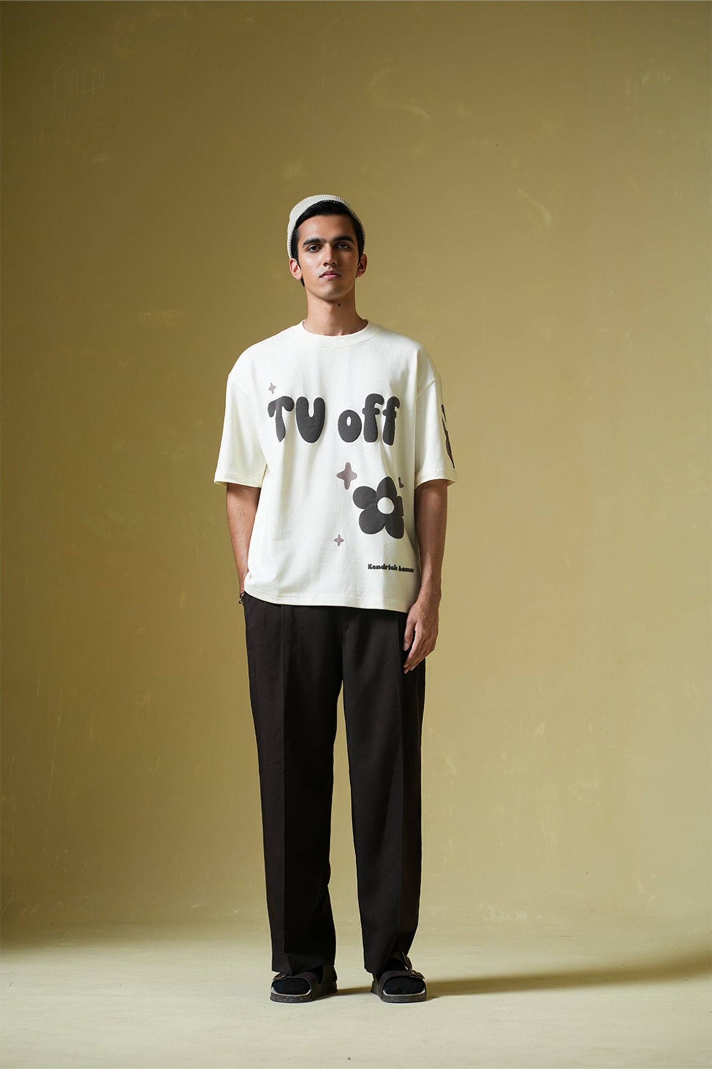 TV Off Printed Cream Oversized T-Shirt
