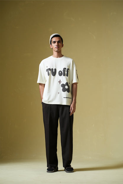 TV Off Printed Cream Oversized T-Shirt
