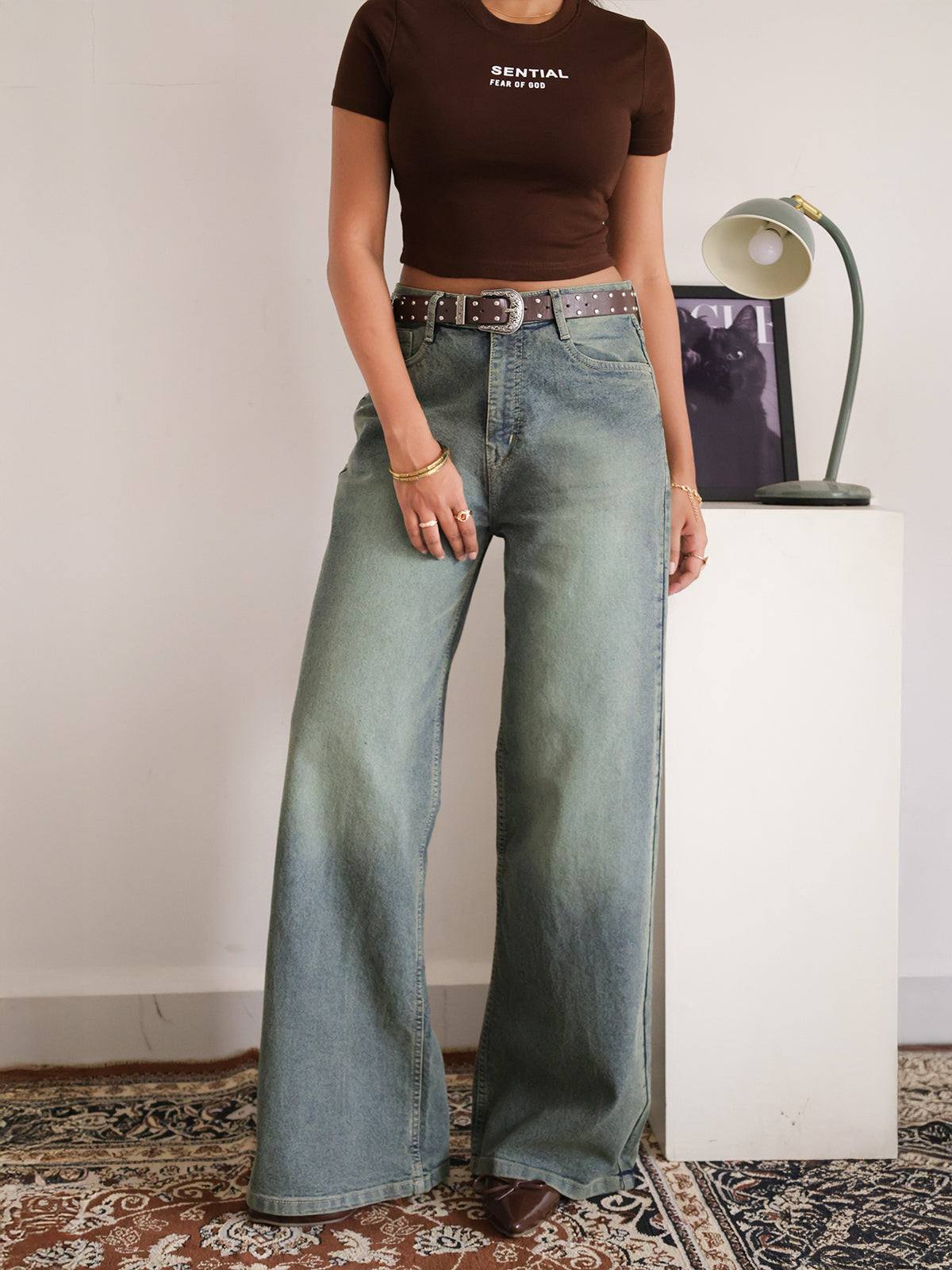 Luxe Aquamarine Green Tinted Stretchable Wide Leg Jeans