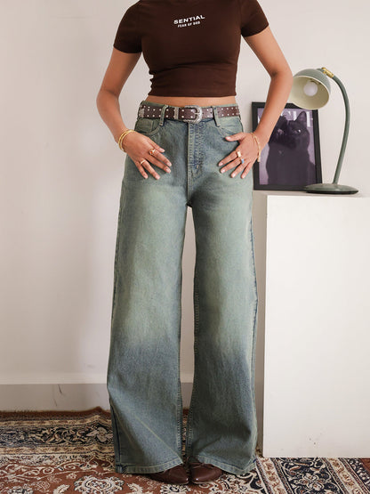 Luxe Aquamarine Green Tinted Stretchable Wide Leg Jeans