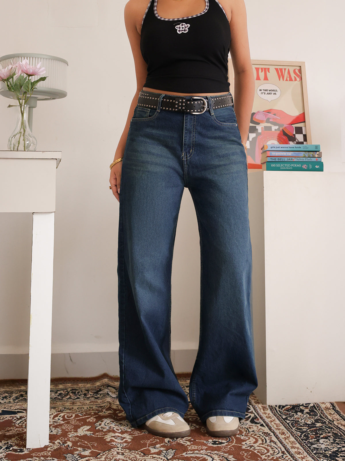 Luxe Celestial Blue Tinted Stretchable Wide Leg Jeans