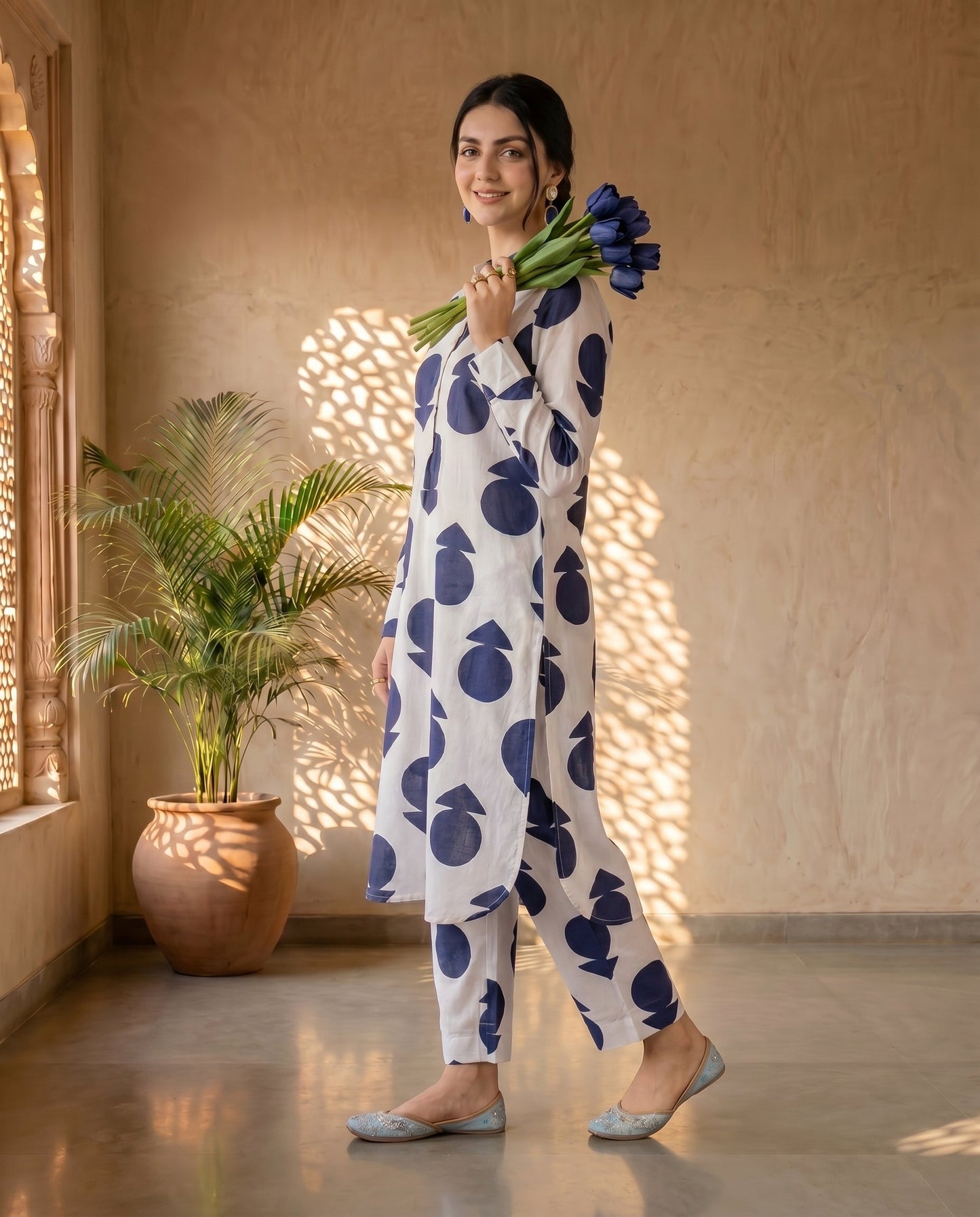 Off White Polka Kurta Set
