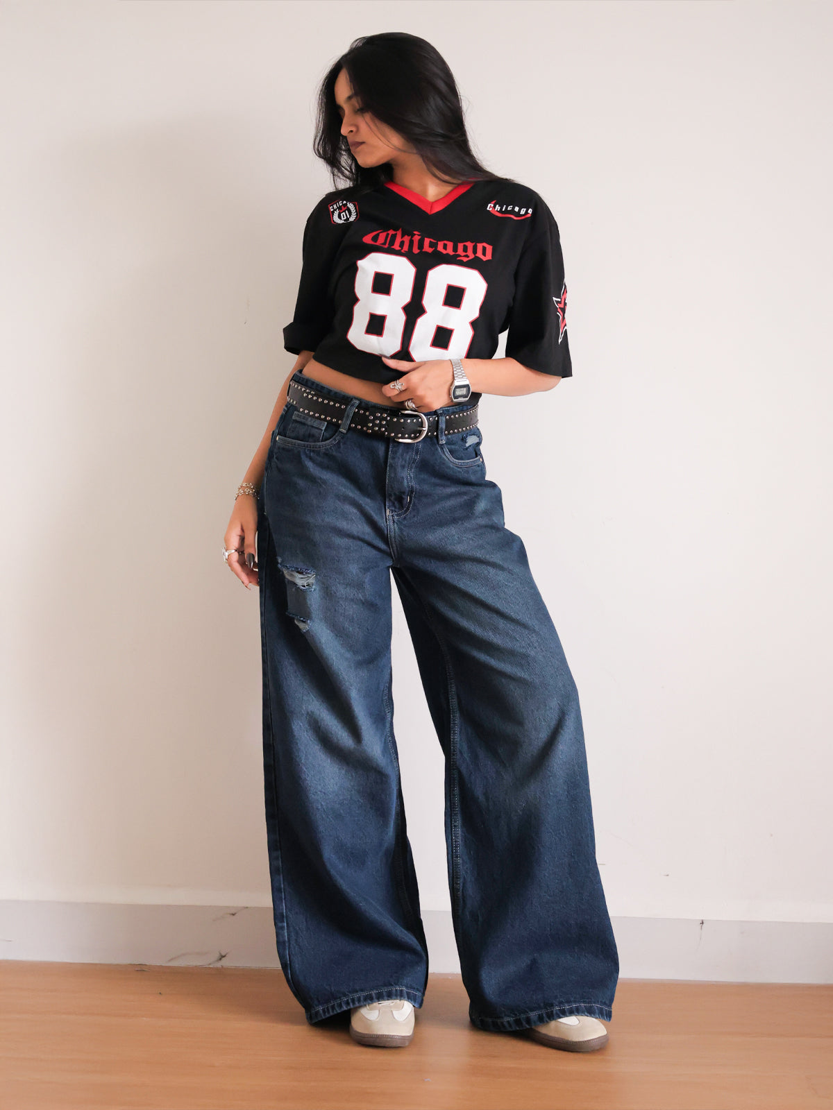 Deep Ocean Blue Ripped Ultra Wide Leg Jeansâ€¨â€¨