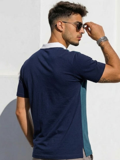 Men Colourblock Teal Blue Polo Neck Half Sleeve Cotton T-Shirt