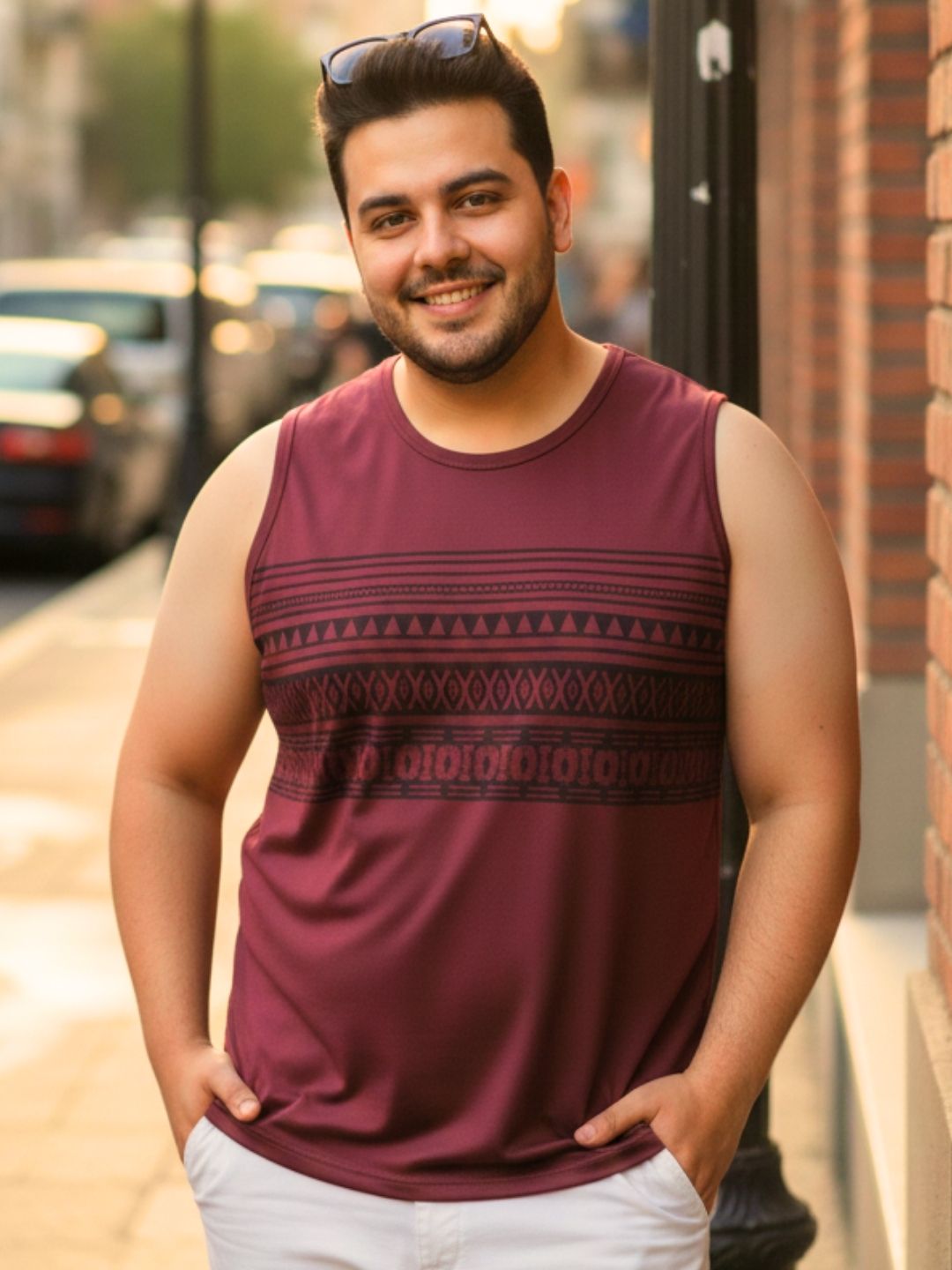 Men Cotton Sleeveless Maroon Melange Printed Round Neck GYM T-Shirt
