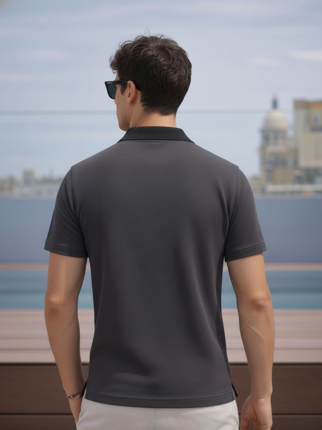 Men Black Polo Collar Colourblocked Cotton Half Sleeve Zipper T-shirt