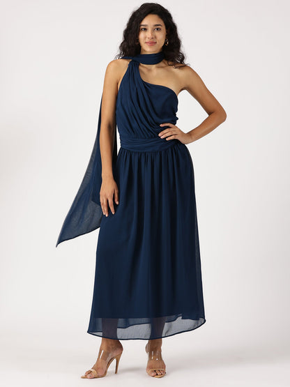 One Shoulder Gown in Blue 

