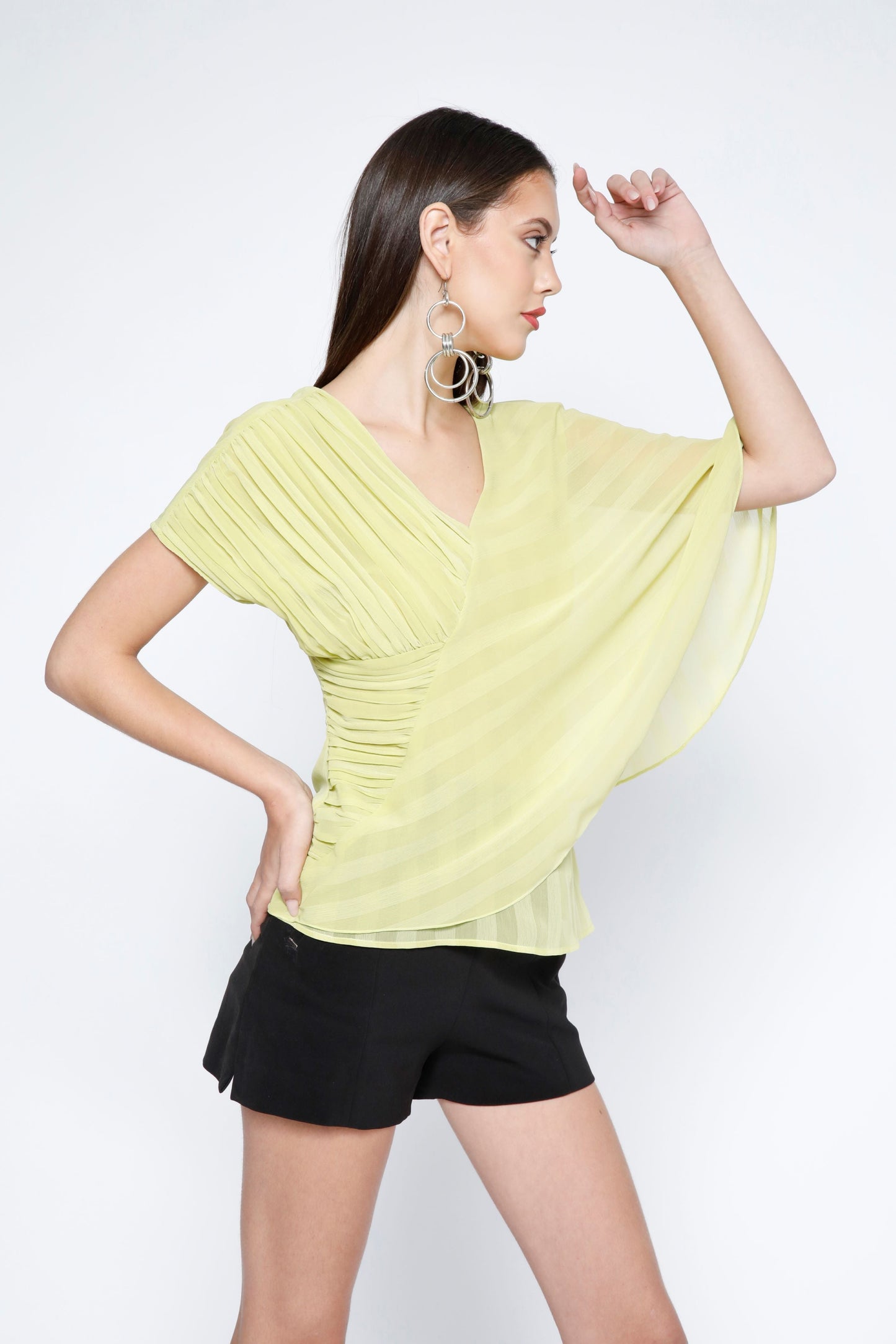 Pleated Stripe Chiffon Layered Top - Sunny Lime