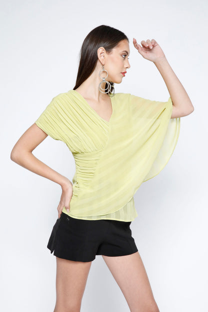 Pleated Stripe Chiffon Layered Top - Sunny Lime