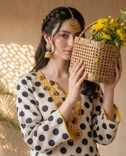 Off-White Polka Embroidered Kurta Set