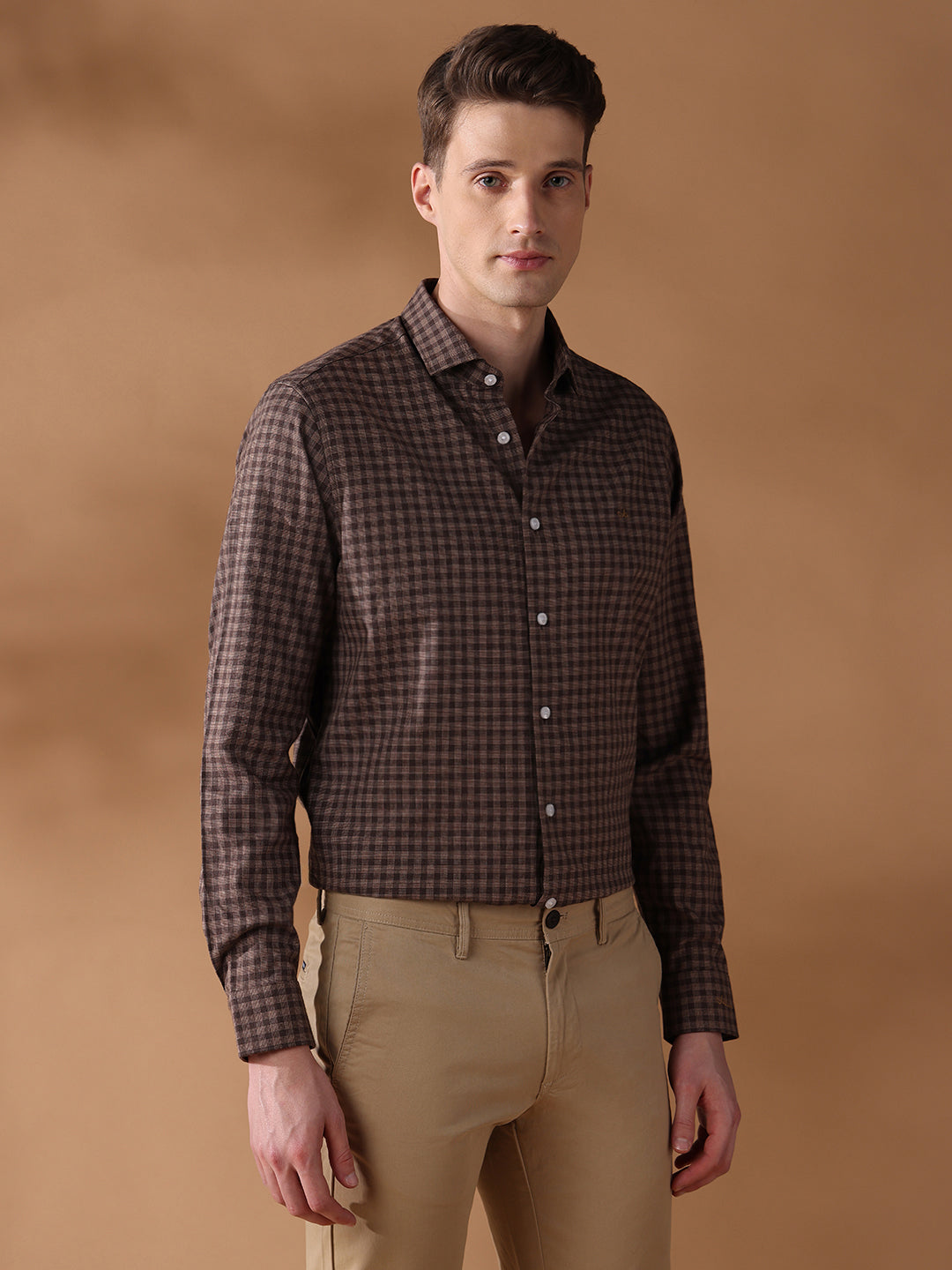 Brown Regular Fit Checked Formal Shirt for Men (LOTRY)