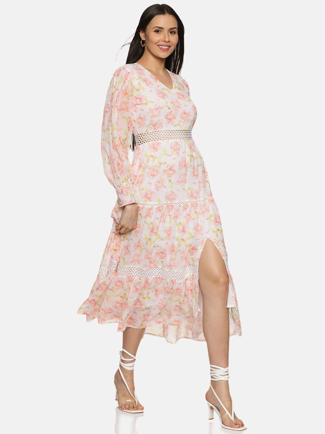 IS.U Floral White Front Slit Midaxi Dress