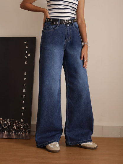 Classic Blue Washed Wide Leg Jeans