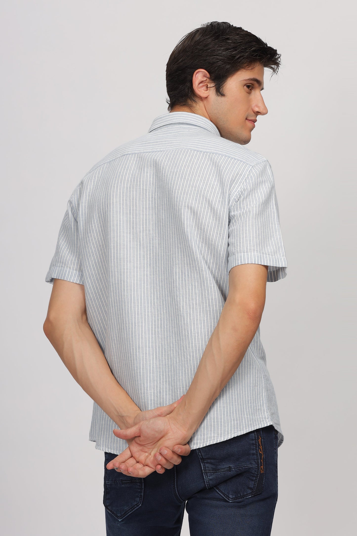 Uri Half Sleeve Linen Striped Shirt Uri