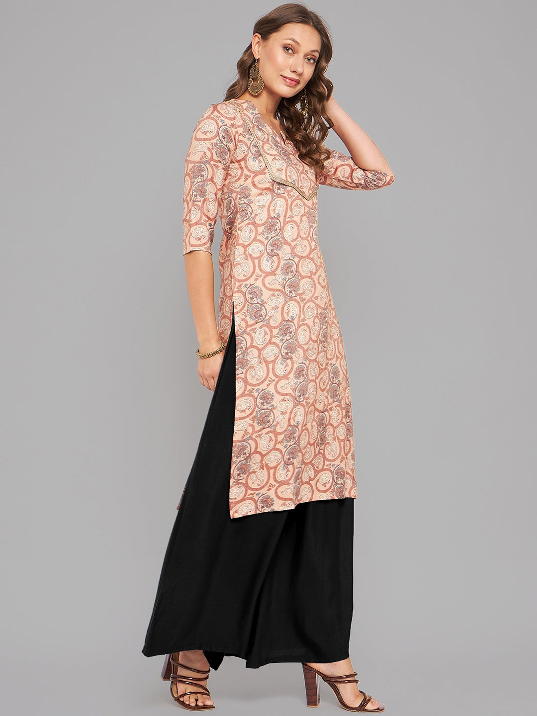 Women Brown Printed Straight Kurta Krya