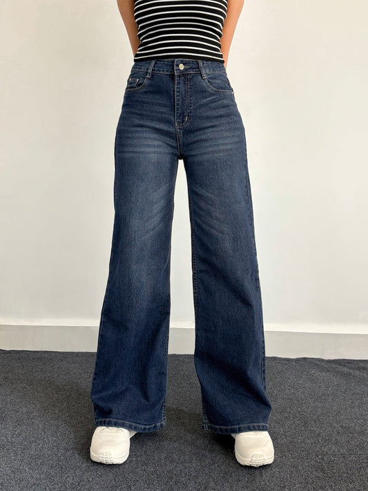 Luxe Vintage Blue Cat Whisker Stretchable Wide Leg Jeans