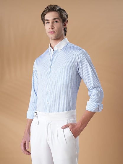 Regular Fit Blue Cotton Striped Formal Shirt for Men (OSARE)