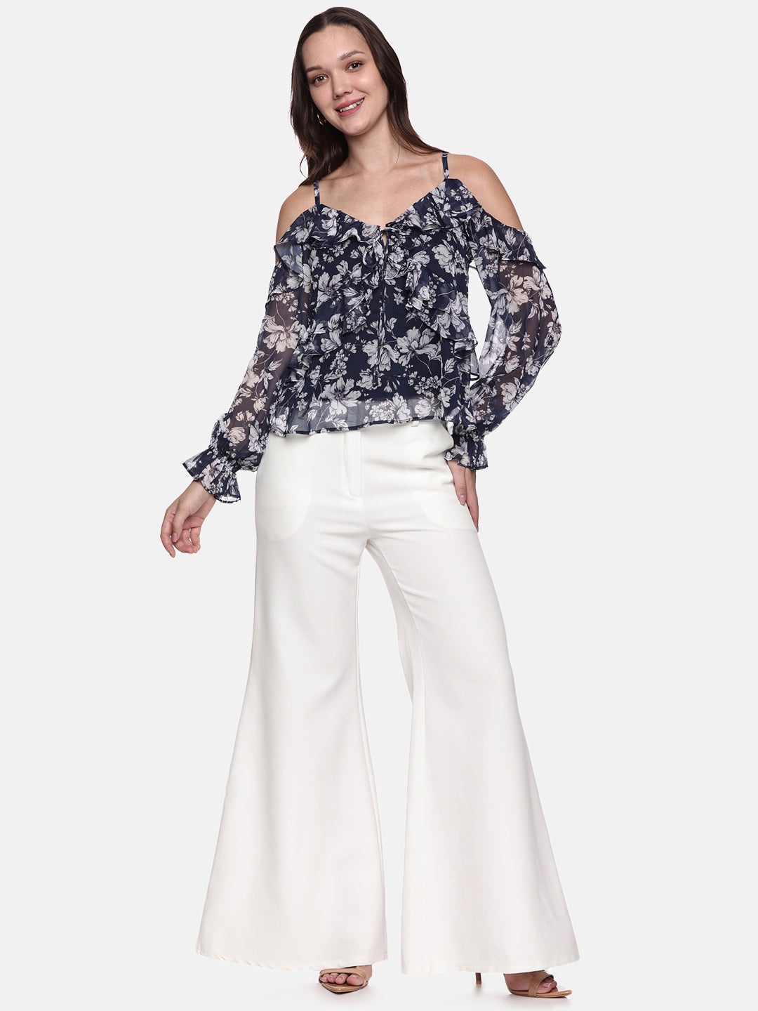 IS.U Floral Blue Cold Shoulder Top