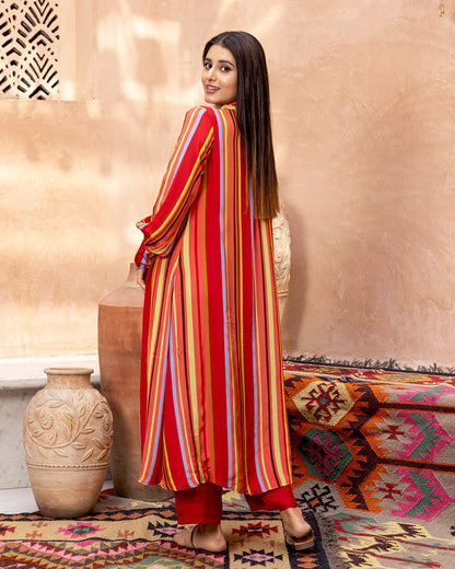 Red Striped Kurta Set