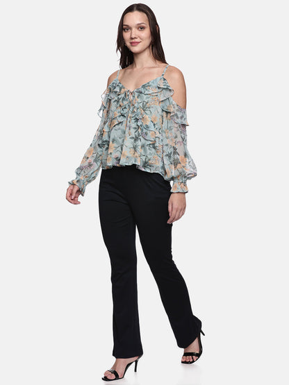IS.U Floral Green Cold Shoulder Top