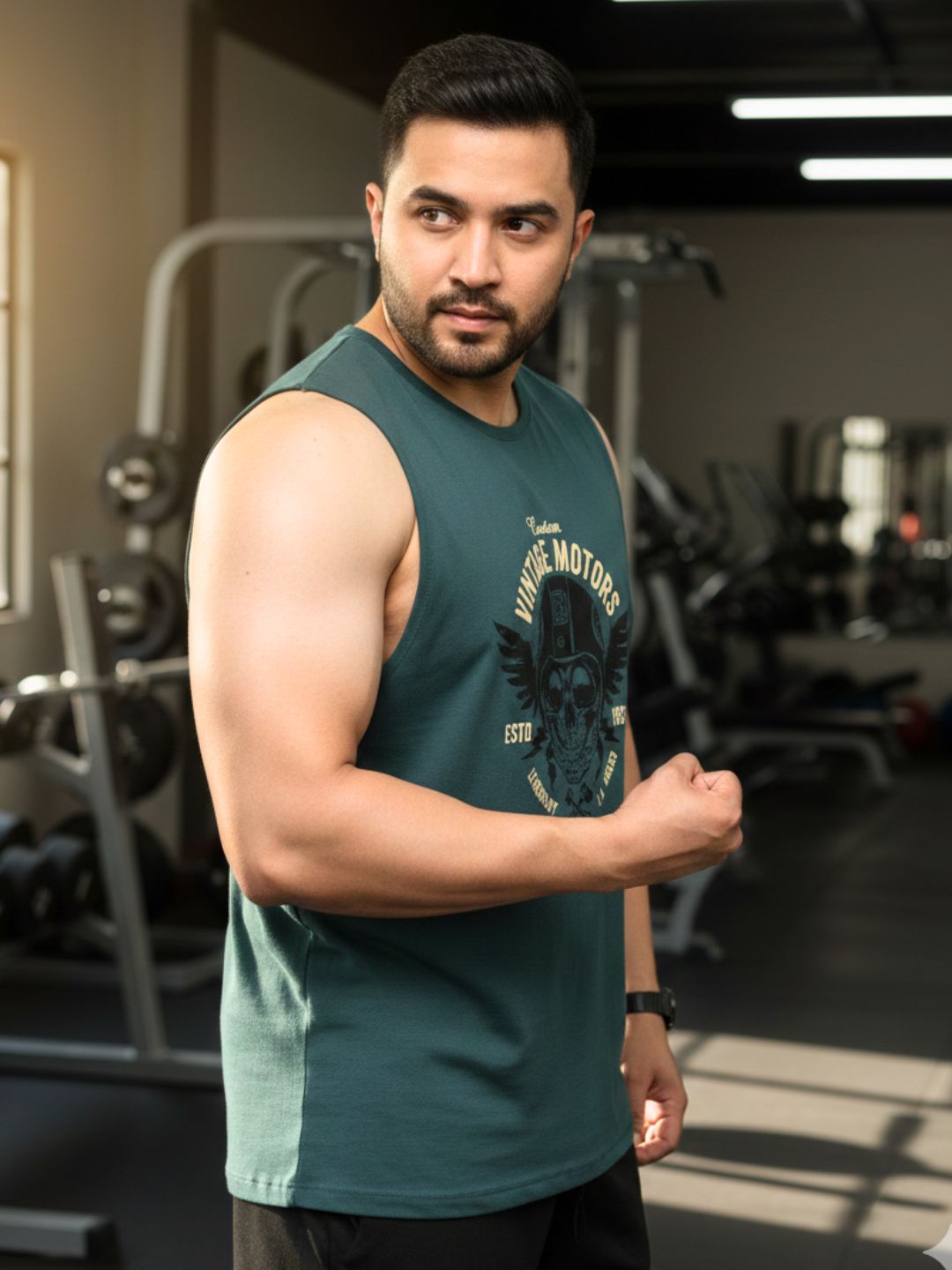 Men Teal Graphic Printed Cotton Sleeveless Running T-Shirt