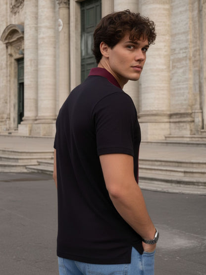 Men Wine Polo Collar Colourblocked Cotton Half Sleeve Zipper T-shirt