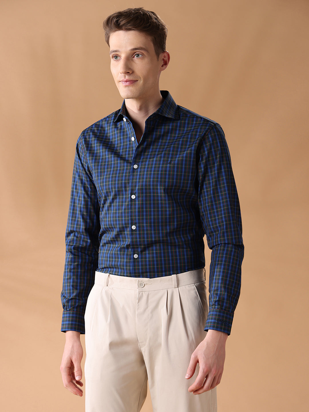 Olive Slim Fit Checked Formal Shirt for Men (CREDI)