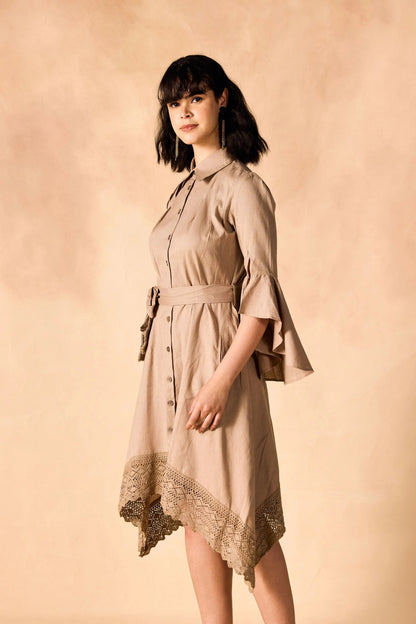 Handkerchief Hem Sash-Tie Belt Linen Shirtdress