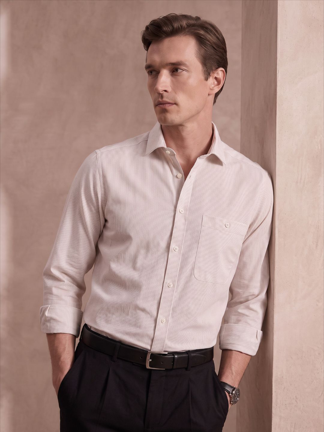 Relaxed Fit Beige Cotton Formal Shirt for Men (CETO)