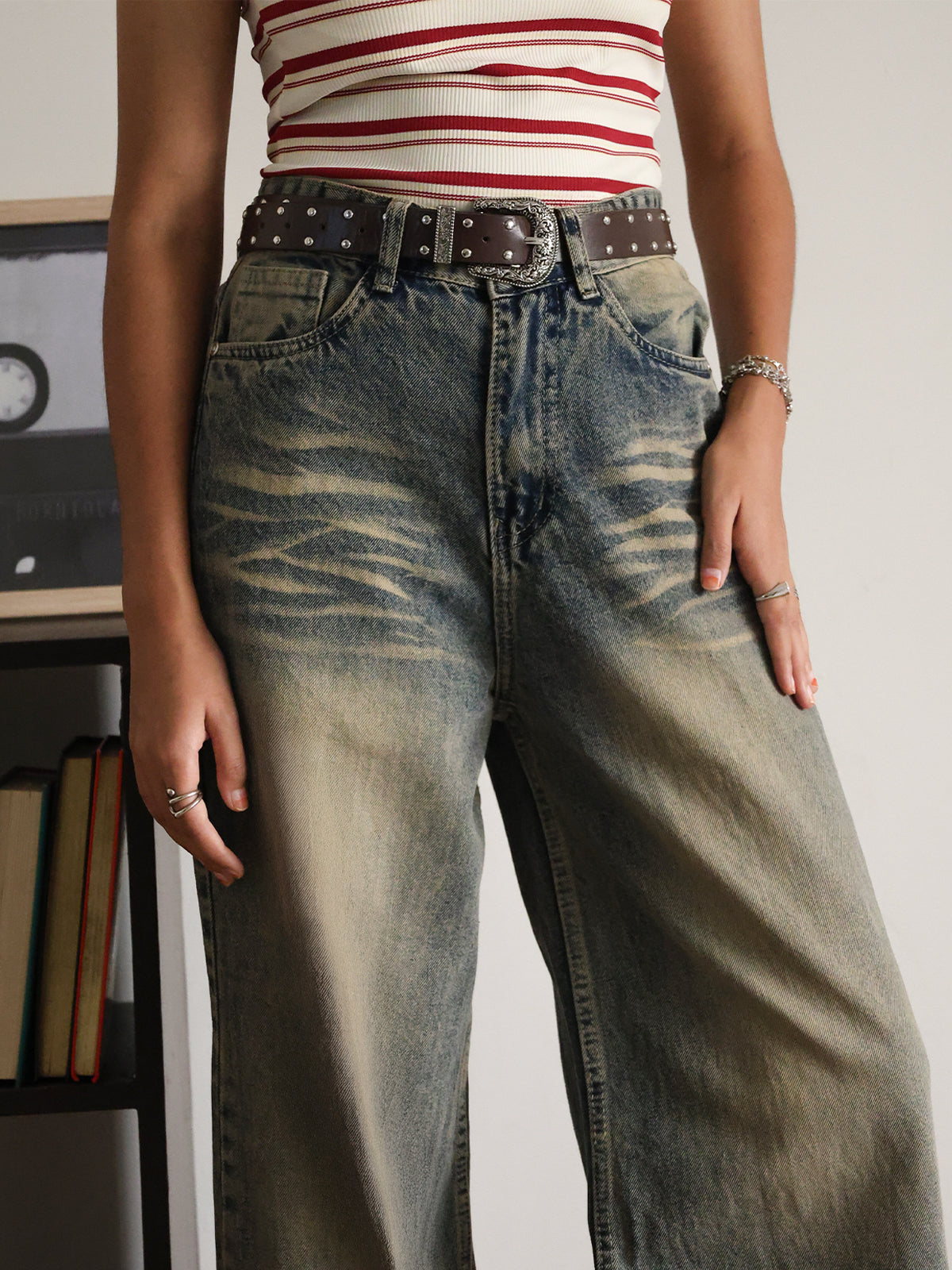 Grunge Blue Dirty Wash Super Wide Leg Jeans