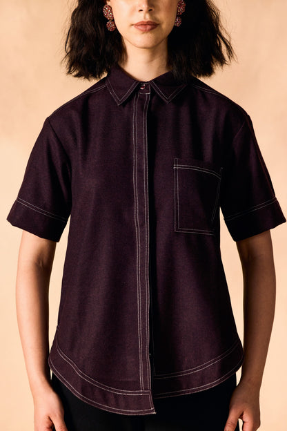 Contrast Stitch Button-Up Casual Oversized Shirt