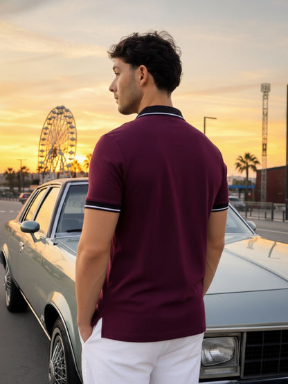 Men Solid Wine Tipping Collar Regular Fit Half Sleeve Cotton T-Shirt