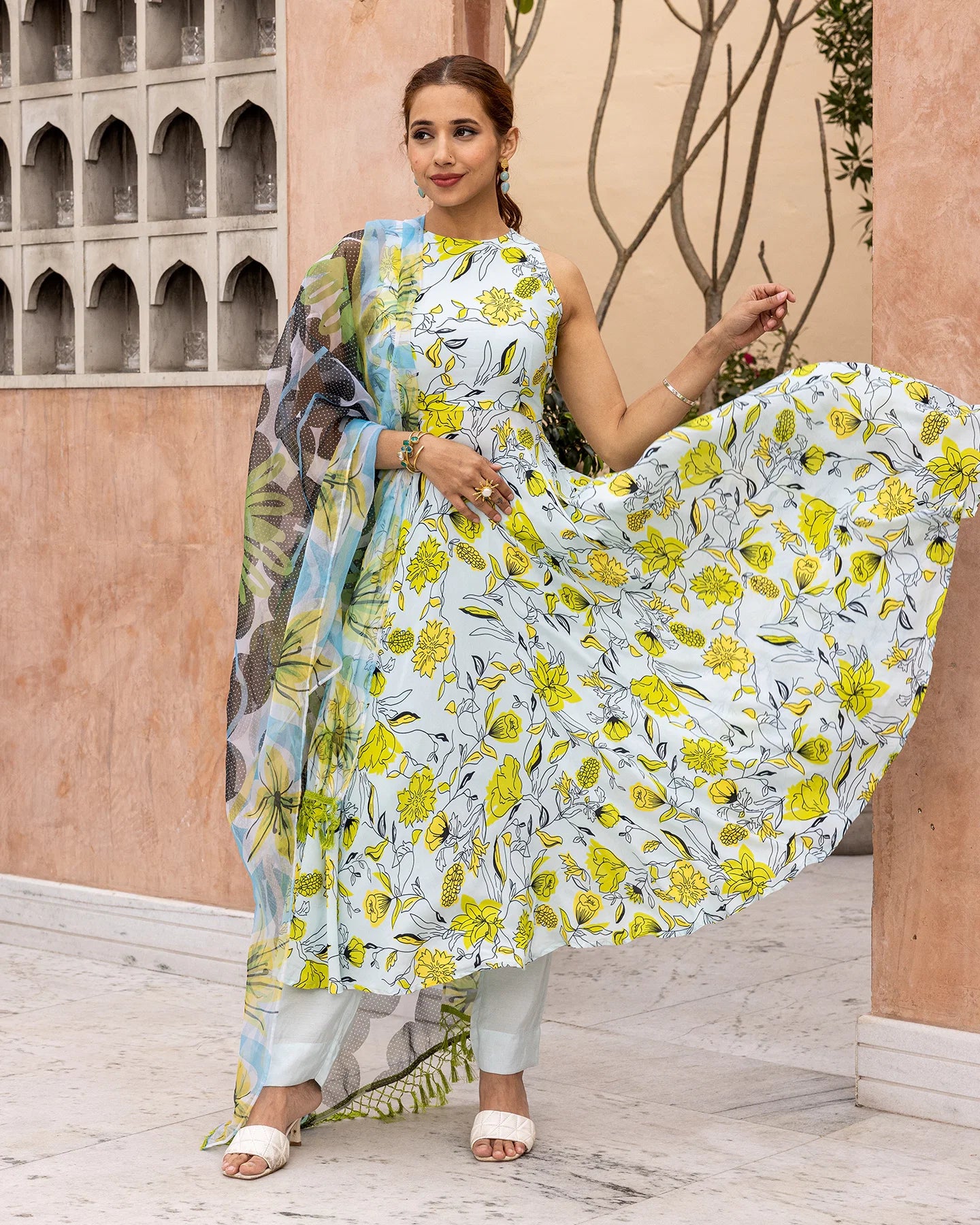 Pastel Blue Animated Floral Suit Set