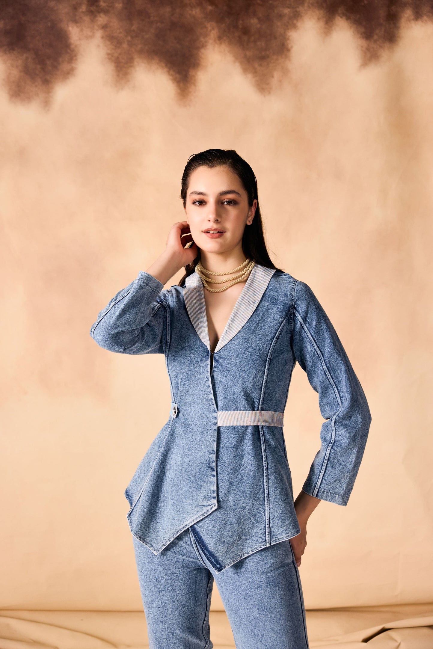 One Button Jacket & Pant Acid Washed Denim Co-Ord Set