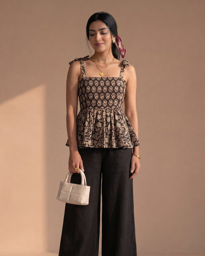 Black Floral Cotton Peplum Top