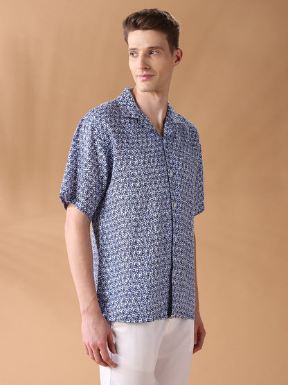 Navy Blue Regular Fit Printed Casual Shirt for Men (ALUAR)