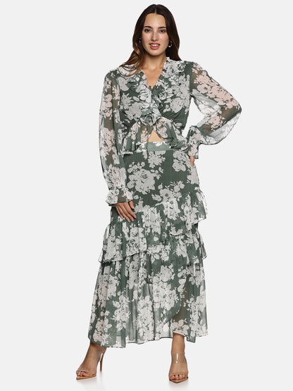 IS.U Floral Green Ruffle Skirt