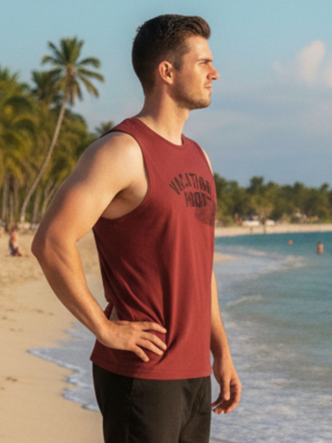 Men Round Neck Maroon Typography Print Sleeveless Cotton T-Shirt