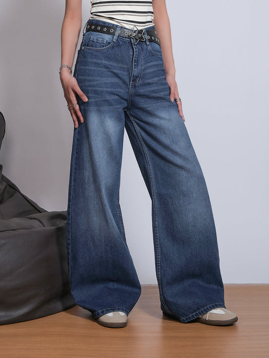 80s Street Dark Blue Washed Super Wide Leg Jeans