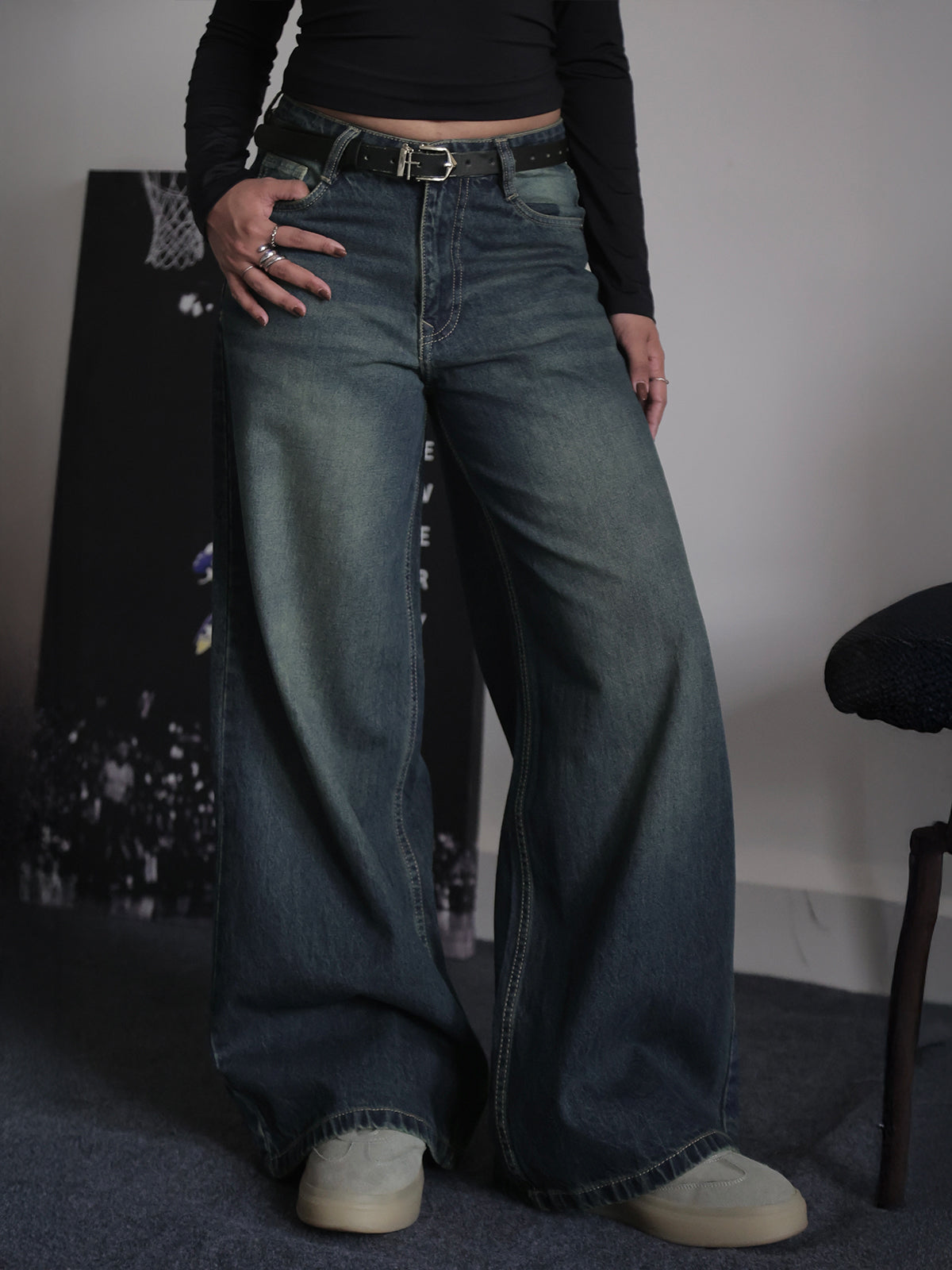 Retro Street Blue Tinted Wide Leg Jeans